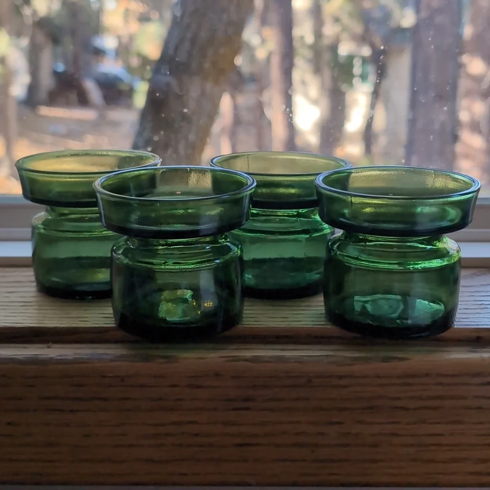 4 Vintage DANSK DESIGN DENMARK Green Glass Candle Holders Mid Century Modern 60s